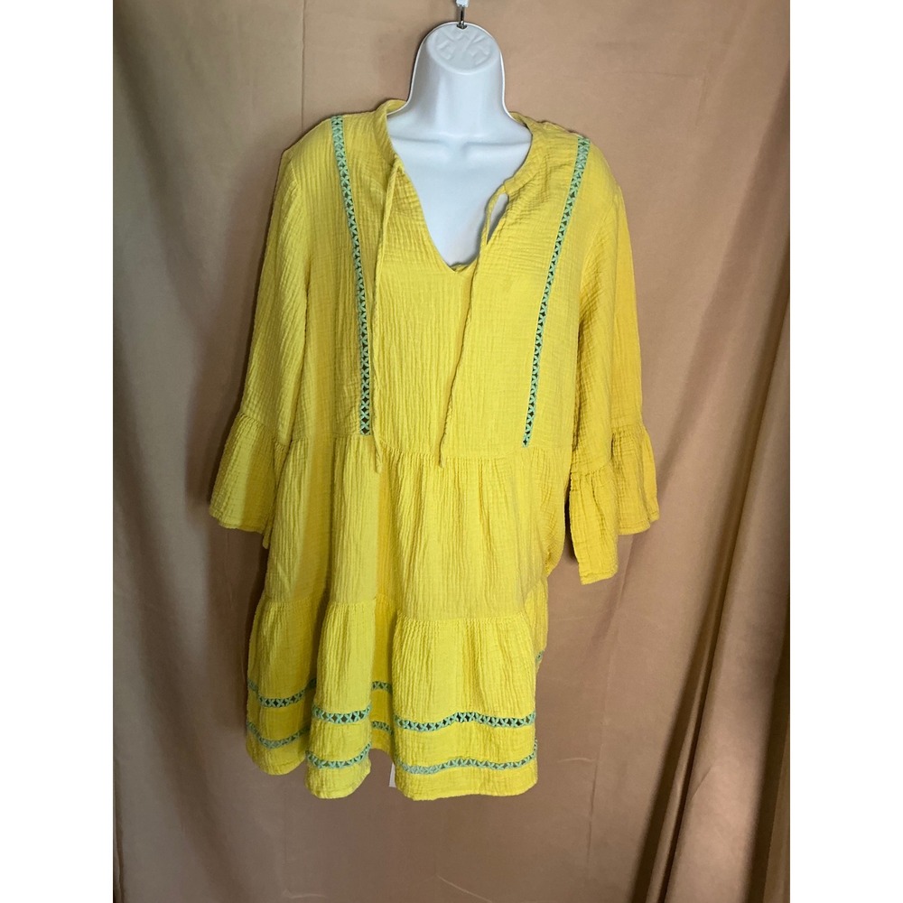 Scoop Tiered Gauze Mini Dress Womens L 12/14 Yellow Excellent Boho Bell Sleeve